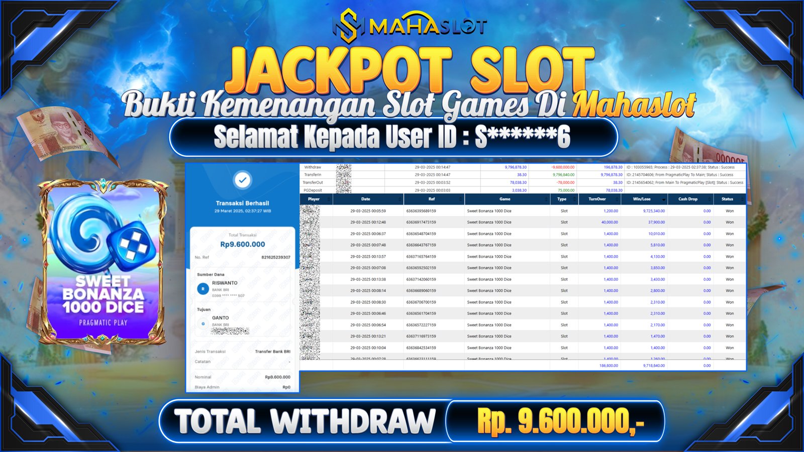 MAHASLOT JACKPOT SLOT GAMES SWEET BONANZA 1000 DICE Rp. 9.600.000,- LUNAS