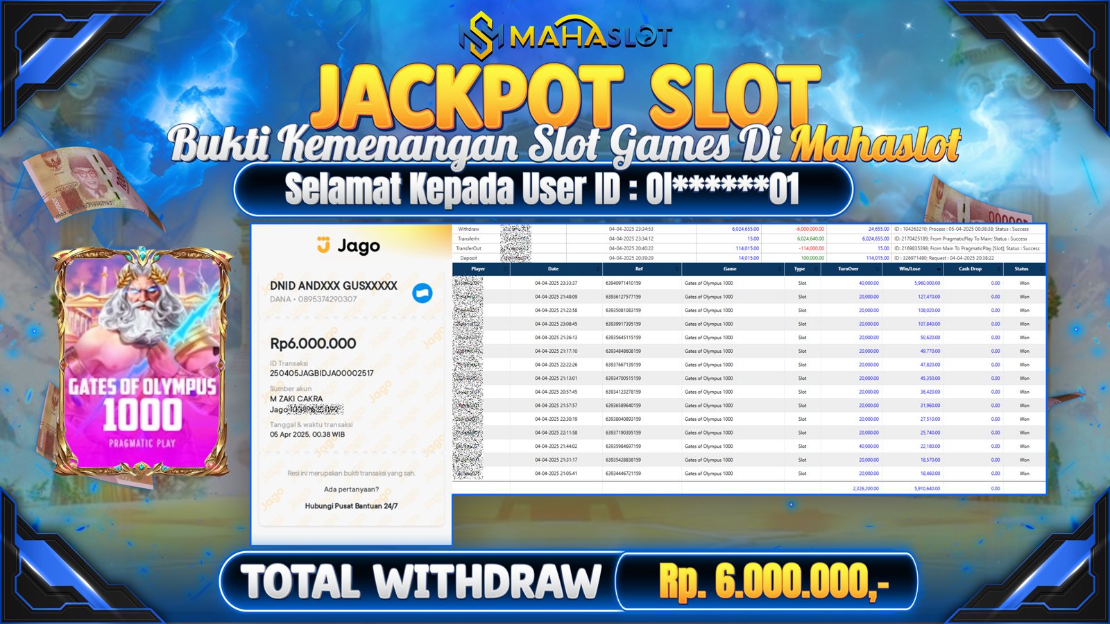 MAHASLOT JACKPOT SLOT GAMES GATES OF OLYMPUS 1000 Rp. 6.000.000,- LUNAS