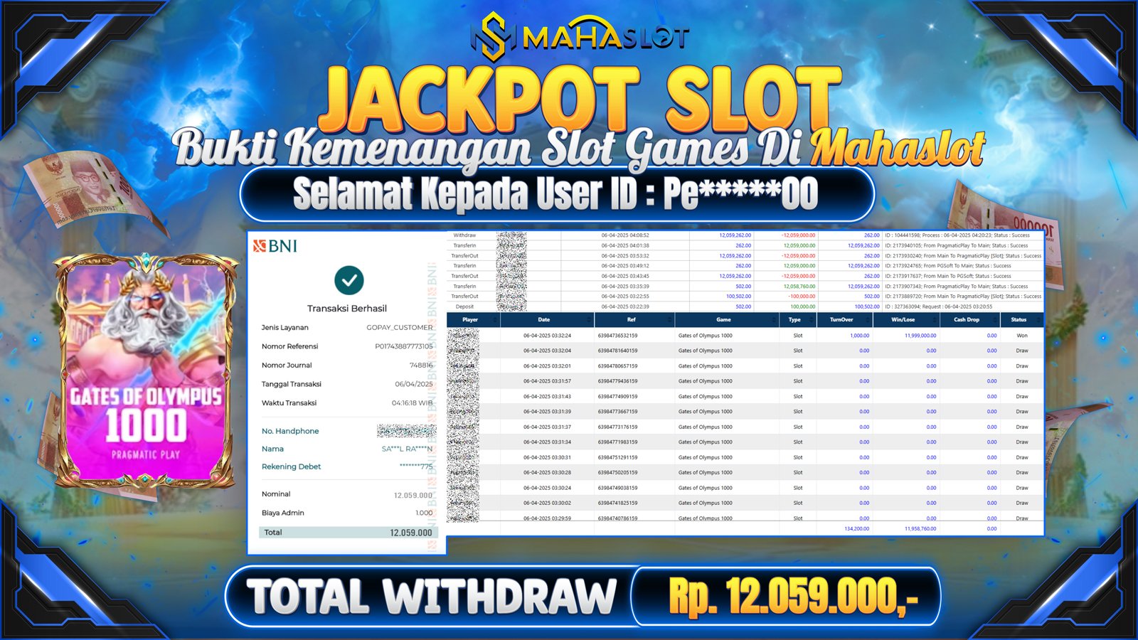 MAHASLOT JACKPOT SLOT GAMES GATES OF OLYMPUS 1000 Rp. 12.059.000,- LUNAS