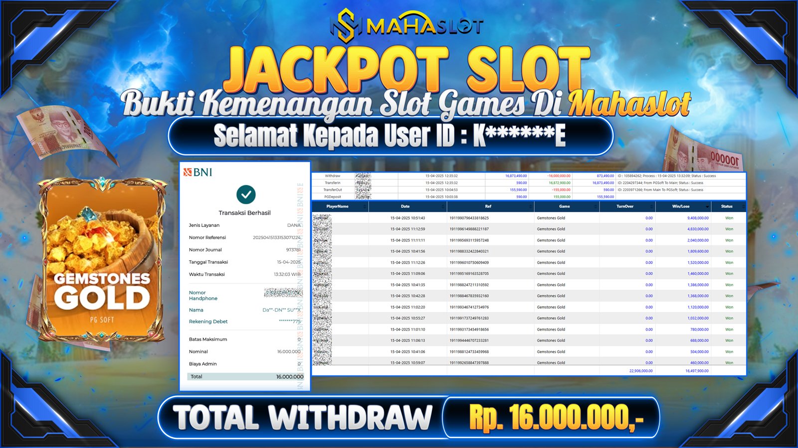 MAHASLOT JACKPOT SLOT GAMES GEMSTONES GOLD Rp. 16.000.000,- LUNAS