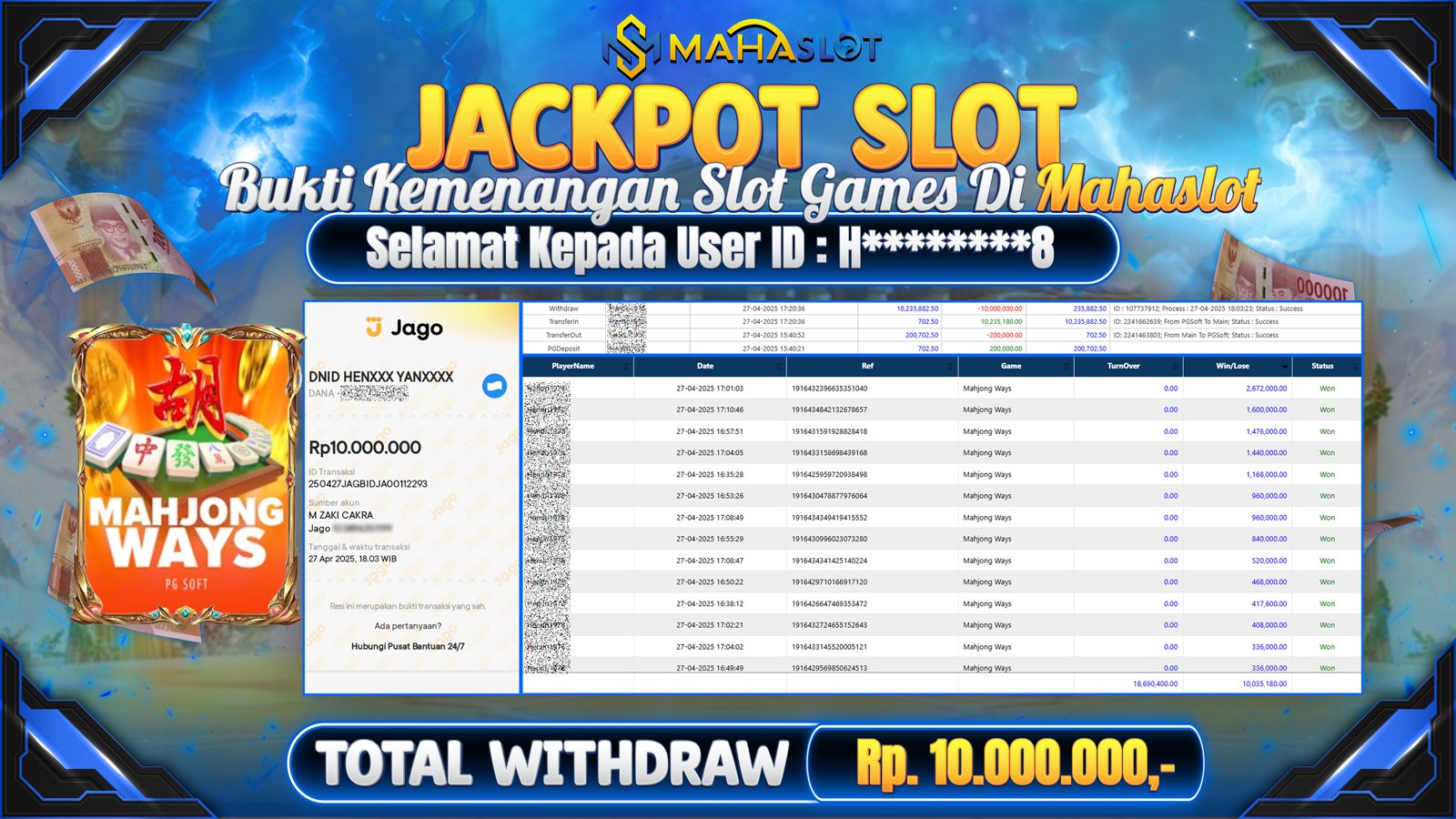 MAHASLOT JACKPOT SLOT GAMES MAHJONG WAYS Rp. 10.000.000,- LUNAS