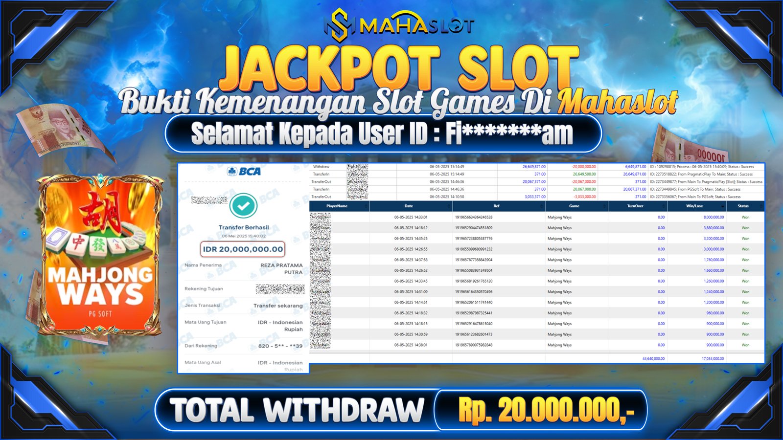MAHASLOT JACKPOT SLOT GAMES MAHJONG WAYS Rp. 20.000.000,- LUNAS