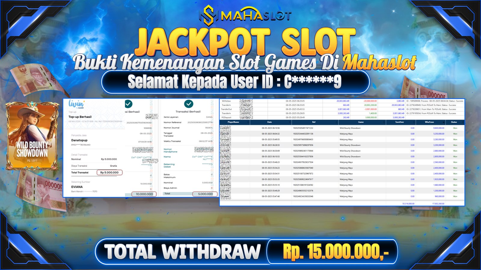 MAHASLOT JACKPOT SLOT GAMES WILD BOUNTY SHOWDOWN Rp. 15.000.000,- LUNAS