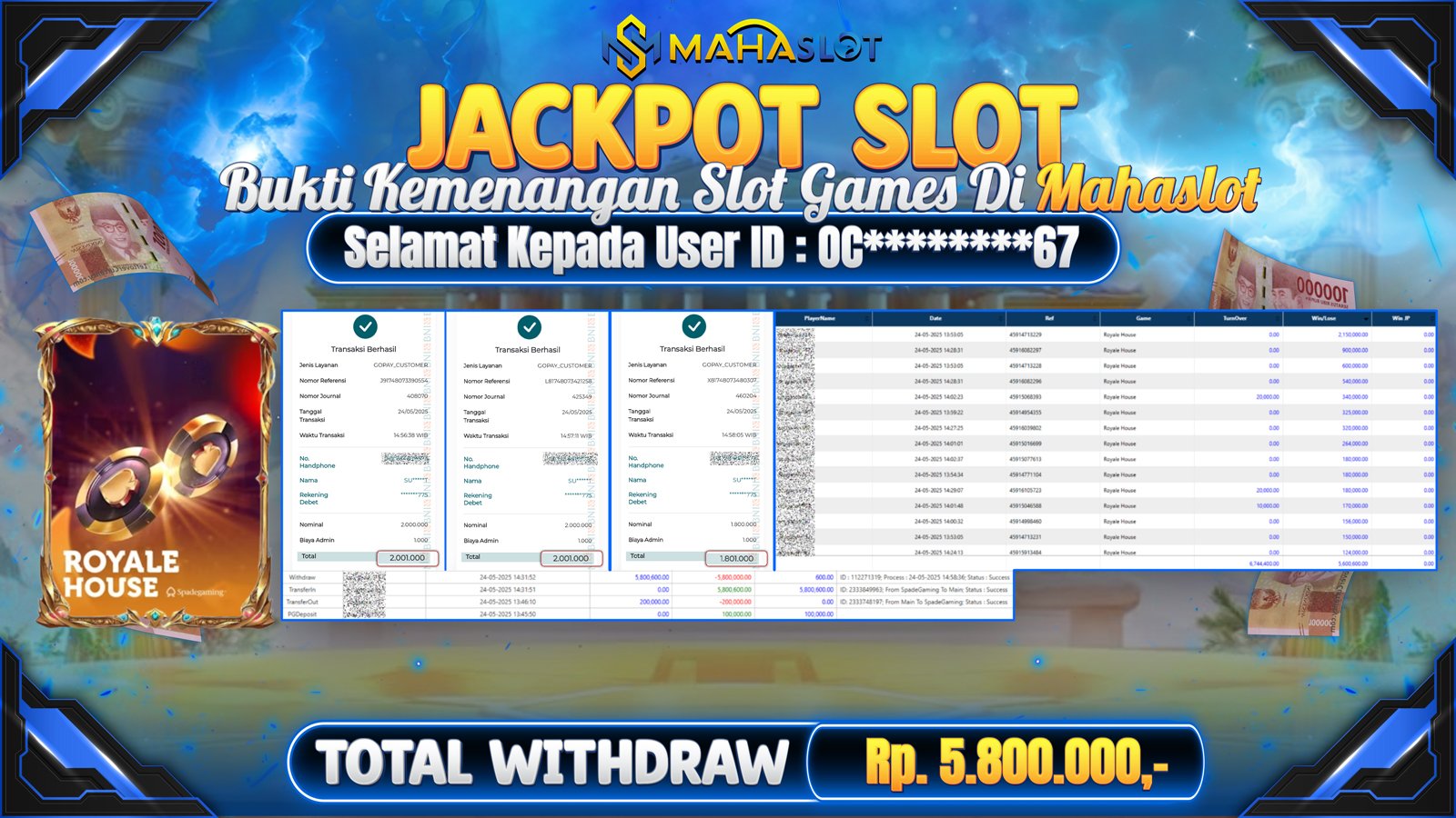 MAHASLOT JACKPOT SLOT ROYALE HOUSE Rp. 5.800.000,- LUNAS