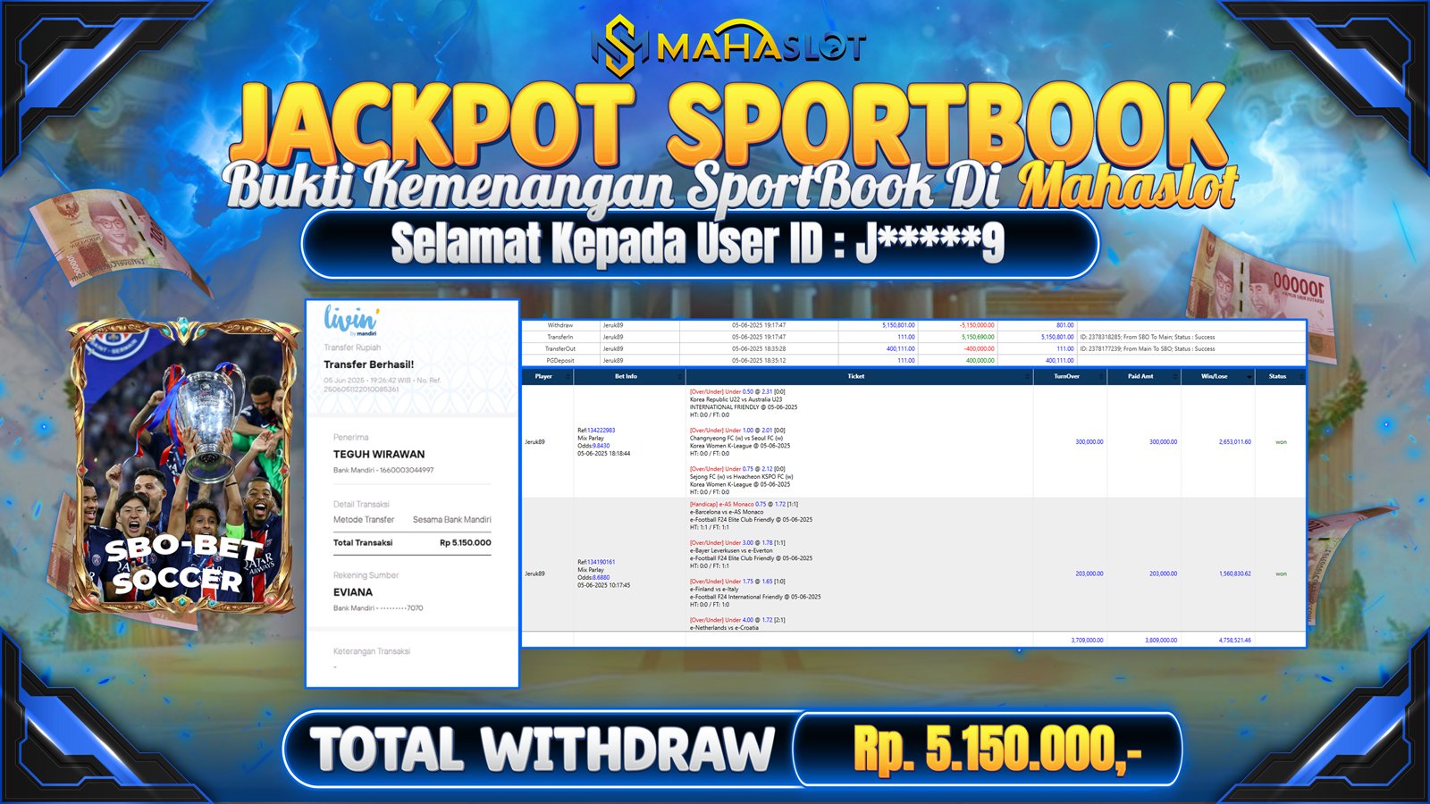 MAHASLOT JACKPOT SPORTBOOK BOLA MIX PARLAY Rp. 5.150.000,- LUNAS