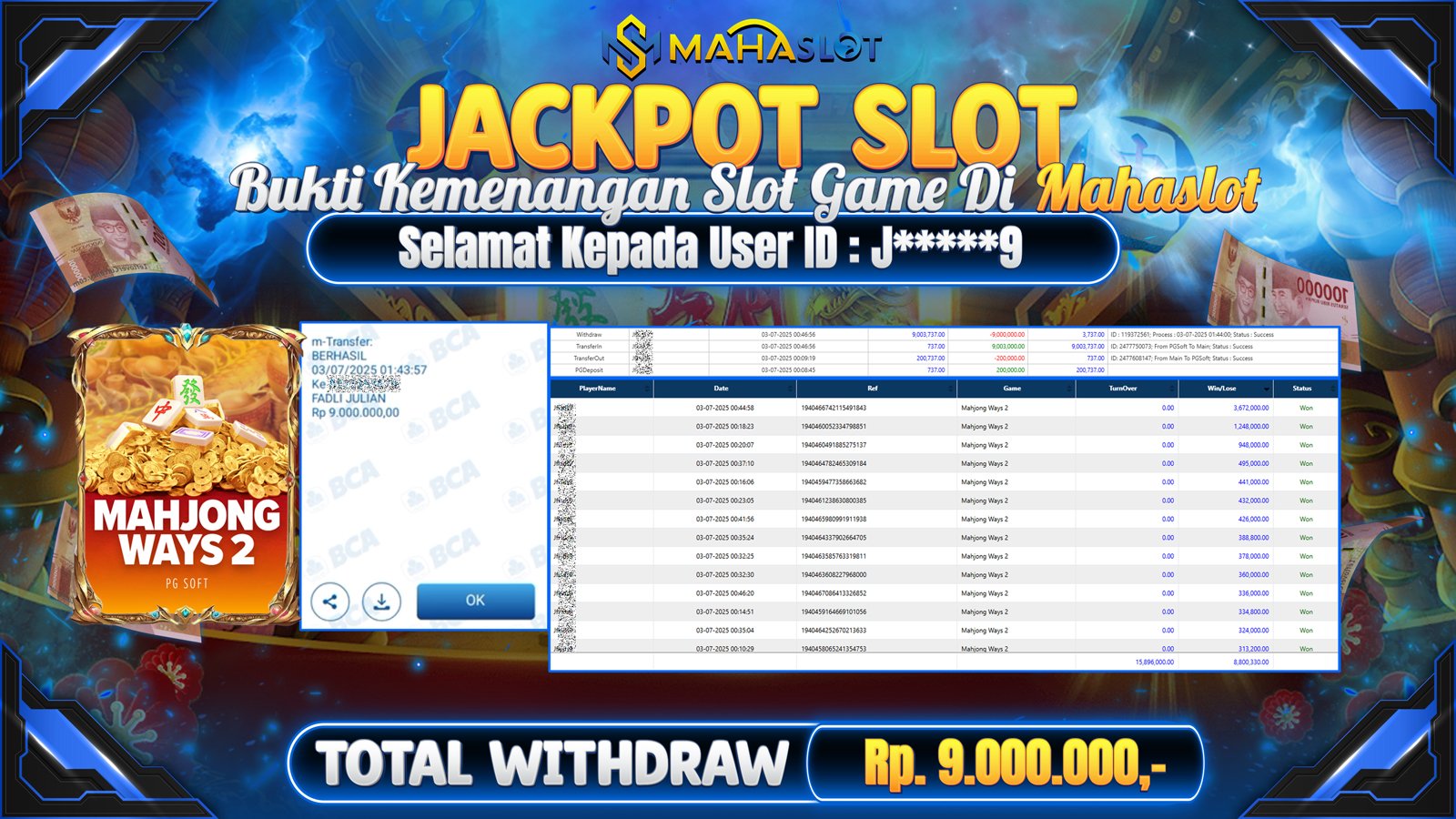 MAHASLOT JACKPOT SLOT GAME MAHJONG WAYS 2 Rp. 9.000.000,- LUNAS