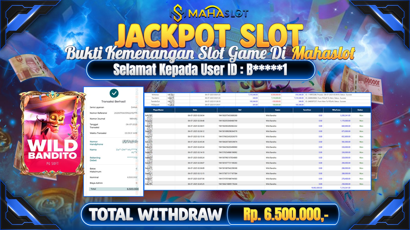 MAHASLOT JACKPOT SLOT GAME WILD BANDITO Rp. 6.500.000,- LUNAS