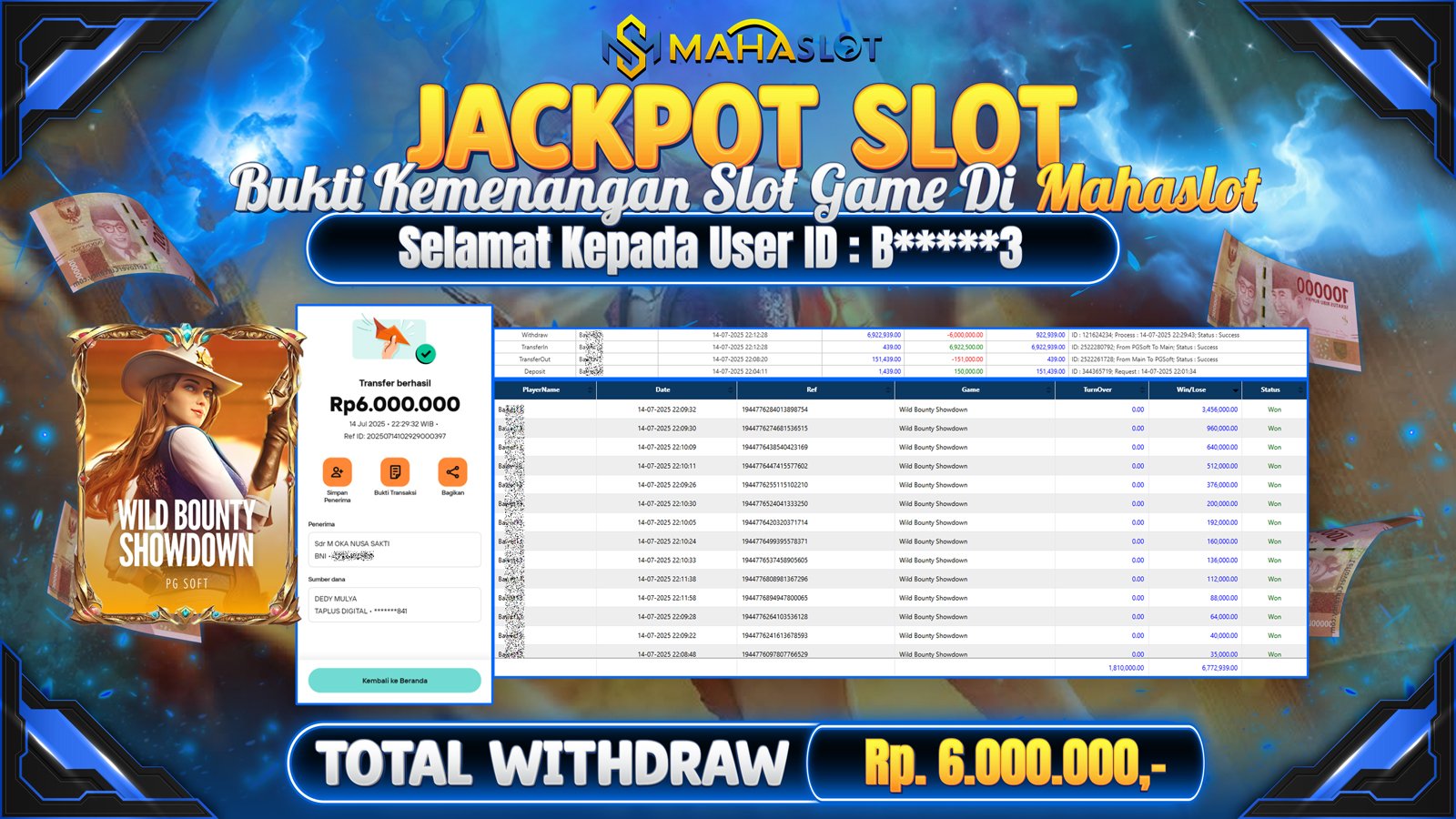 MAHASLOT JACKPOT SLOT GAME WILD BOUNTY SHOWDOWN Rp. 6.000.000,- LUNAS