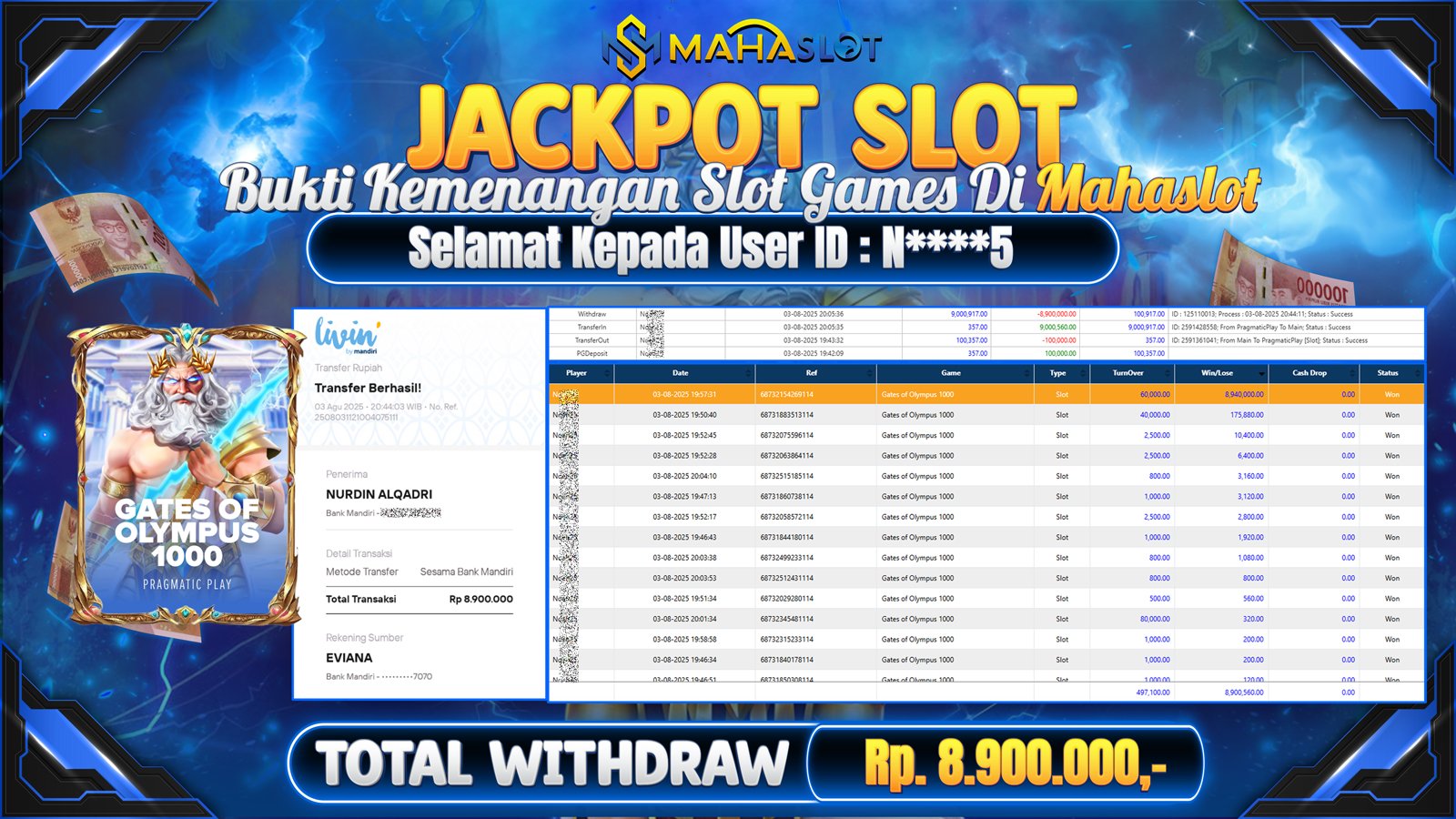 MAHASLOT JACKPOT SLOT GAME GATES OF OLYMPUS 1000 Rp. 8.900.000,- LUNAS