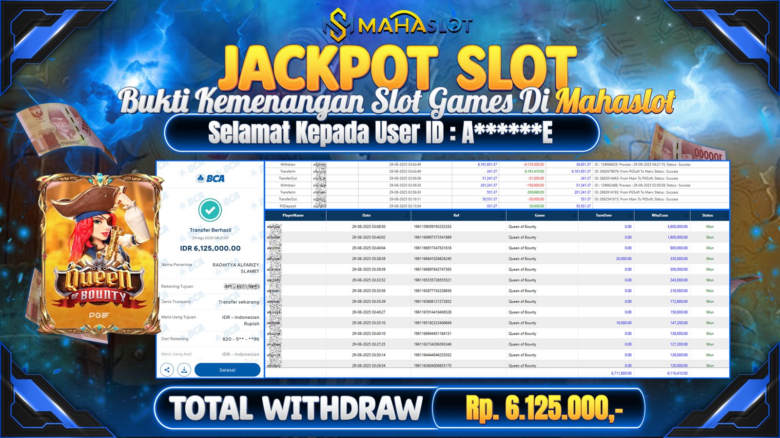 MAHASLOT JACKPOT SLOT GAME QUEEN OF BOUNTY Rp. 6.125.000,- LUNAS