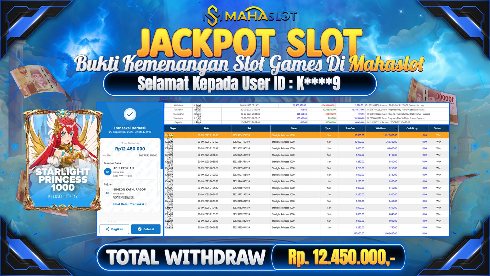 MAHASLOT JACKPOT SLOT GAME STARLIGHT PRINCESS 1000 Rp. 12.450.000,- LUNAS