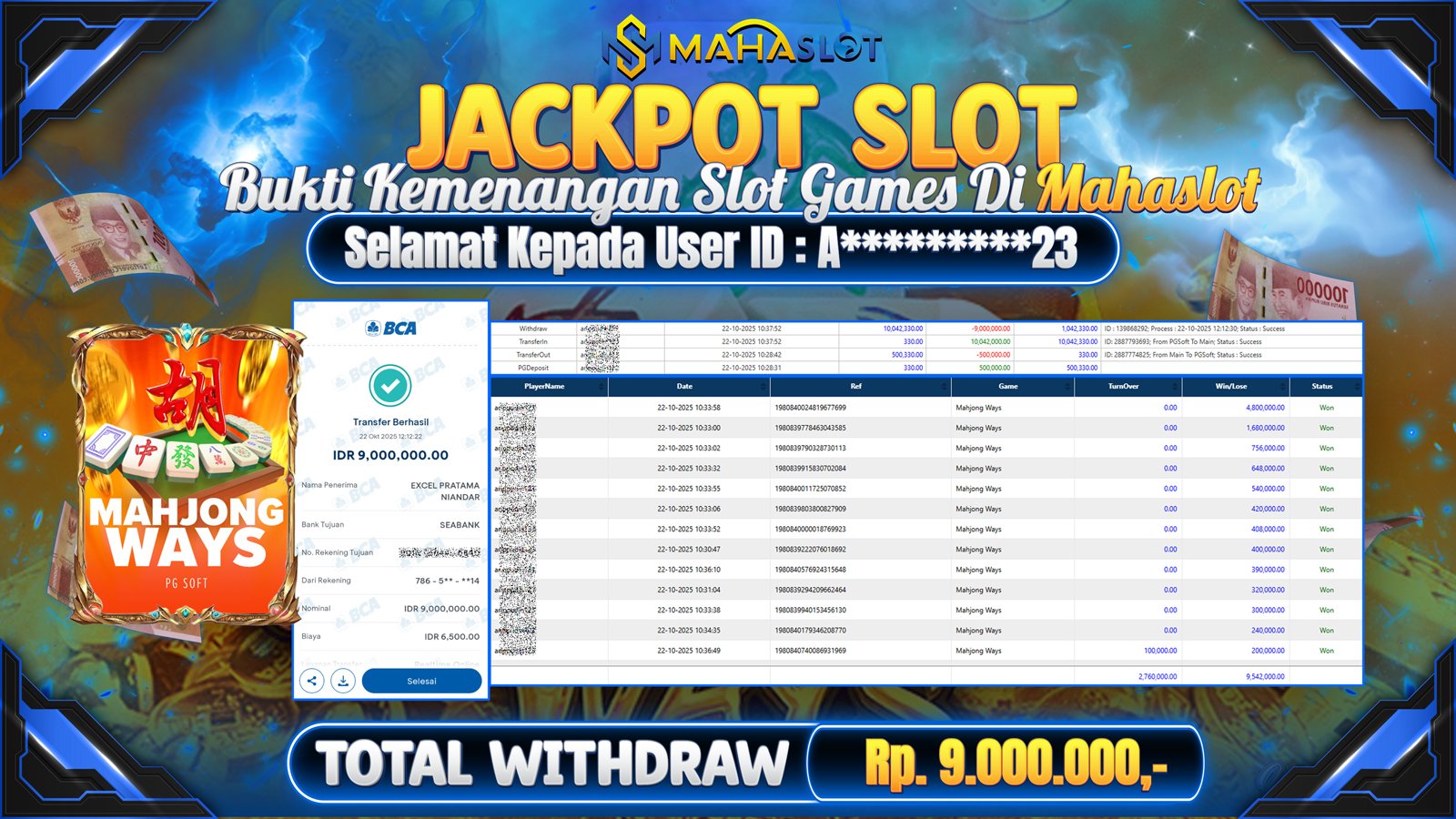 MAHASLOT JACKPOT SLOT GAME MAHJONG WAYS Rp. 9.000.000,- LUNAS