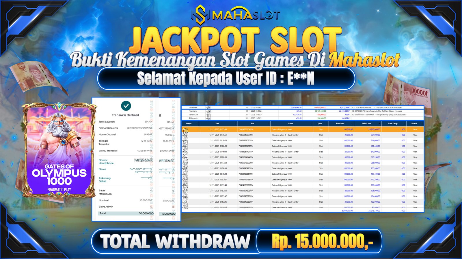 MAHASLOT JACKPOT SLOT GAME GATES OF OLYMPUS 1000 Rp. 15.000.000,- LUNAS