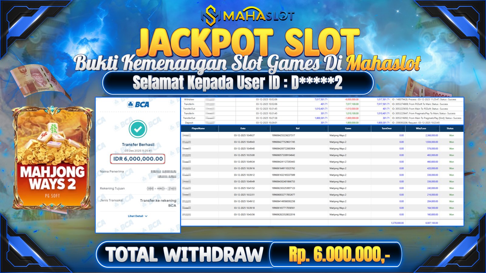 MAHASLOT JACKPOT SLOT GAME MAHJONG WAYS 2 Rp. 6.000.000,- LUNAS