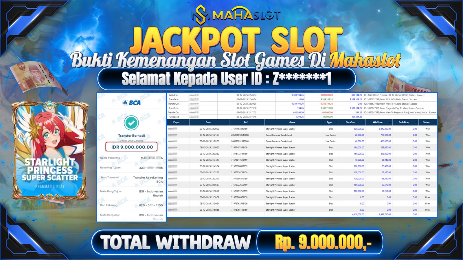 MAHASLOT JACKPOT SLOT GAME STARLIGHT PRINCESS SUPER SCATTER Rp. 9.000.000,- LUNAS