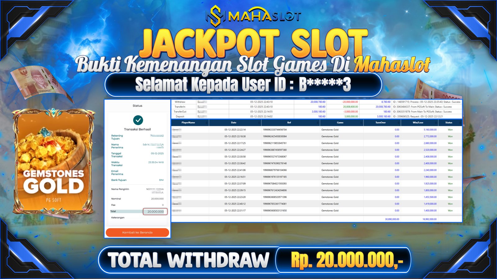 MAHASLOT JACKPOT SLOT GAME GEMSTONES GOLD Rp. 20.000.000,- LUNAS