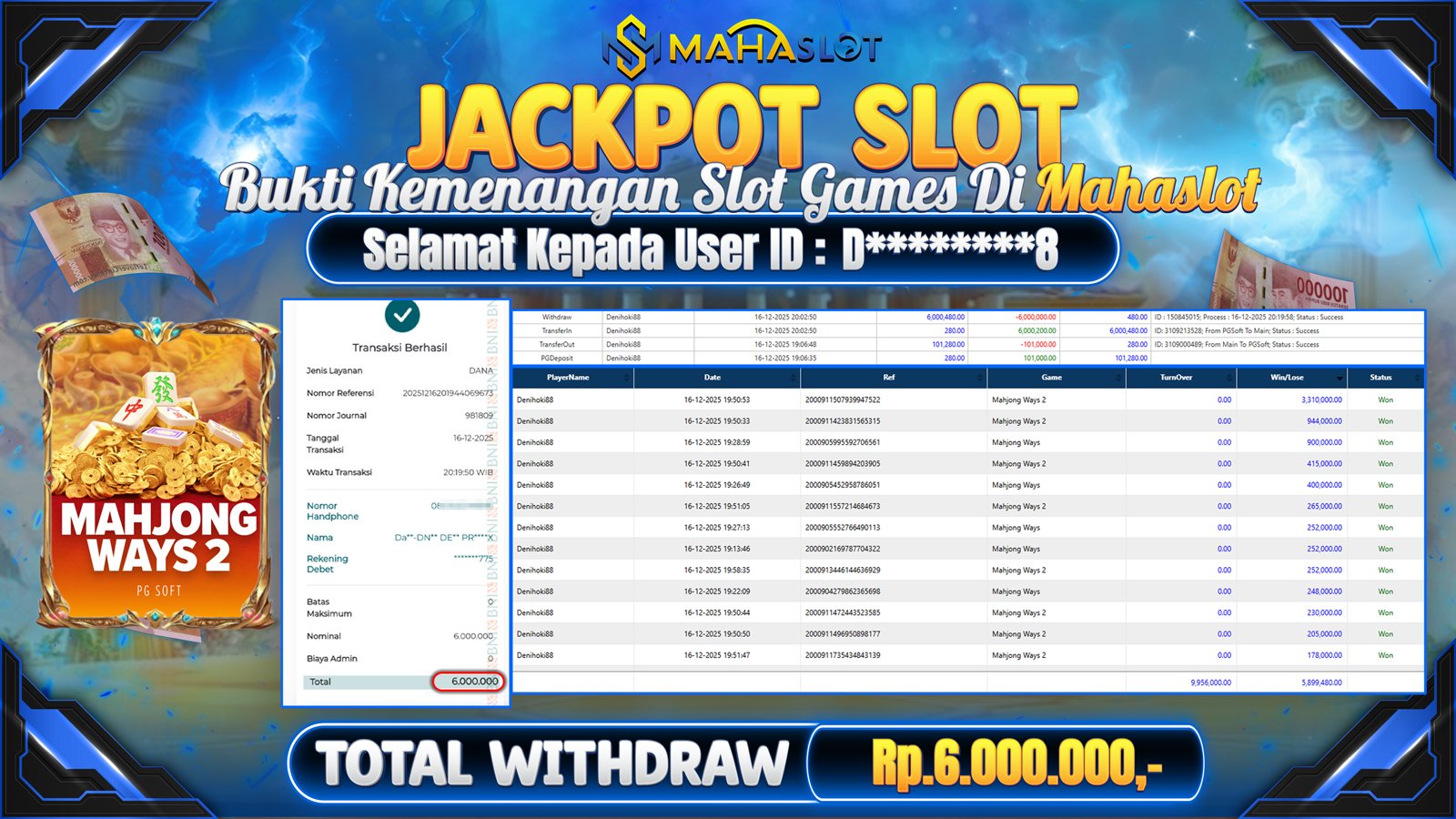 MAHASLOT JACKPOT SLOT GAME MAHJONG WAYS 2 Rp. 6.000.000,- LUNAS