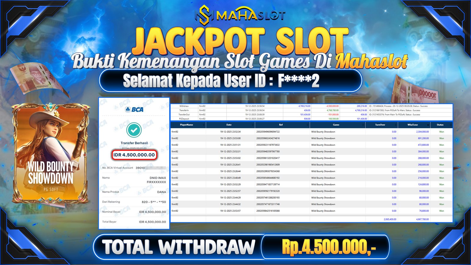 MAHASLOT JACKPOT SLOT GAME WILD BOUNTY SHOWDOWN Rp. 4.500.000,- LUNAS