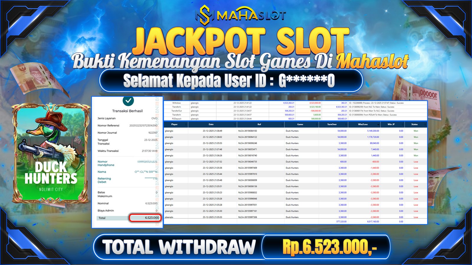 MAHASLOT JACKPOT SLOT GAME DUCK HUNTERS Rp. 6.523.000,- LUNAS