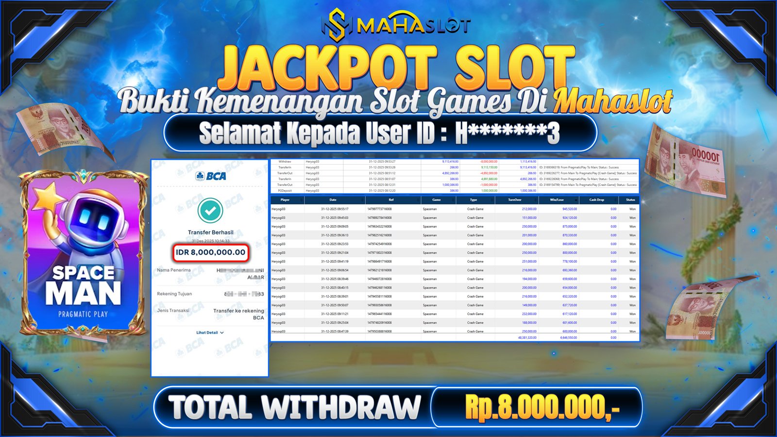 MAHASLOT JACKPOT SLOT GAME SPACEMAN Rp. 8.000.000,- LUNAS