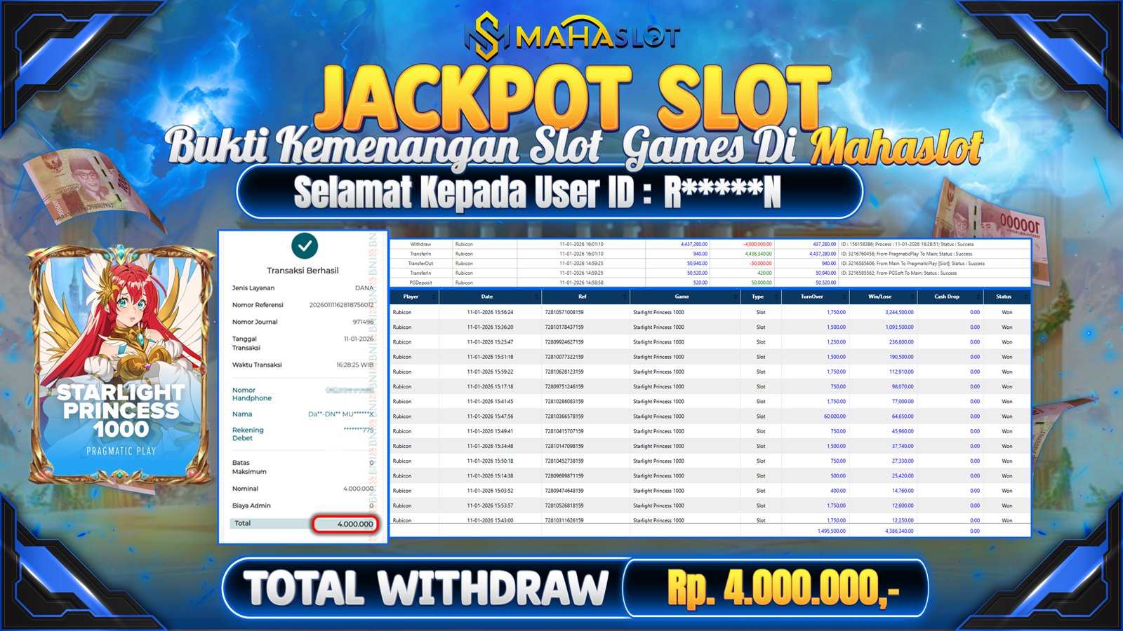 MAHASLOT JACKPOT SLOT STARLIGHT PRINCESS 1000 Rp. 4.000.000,- LUNAS