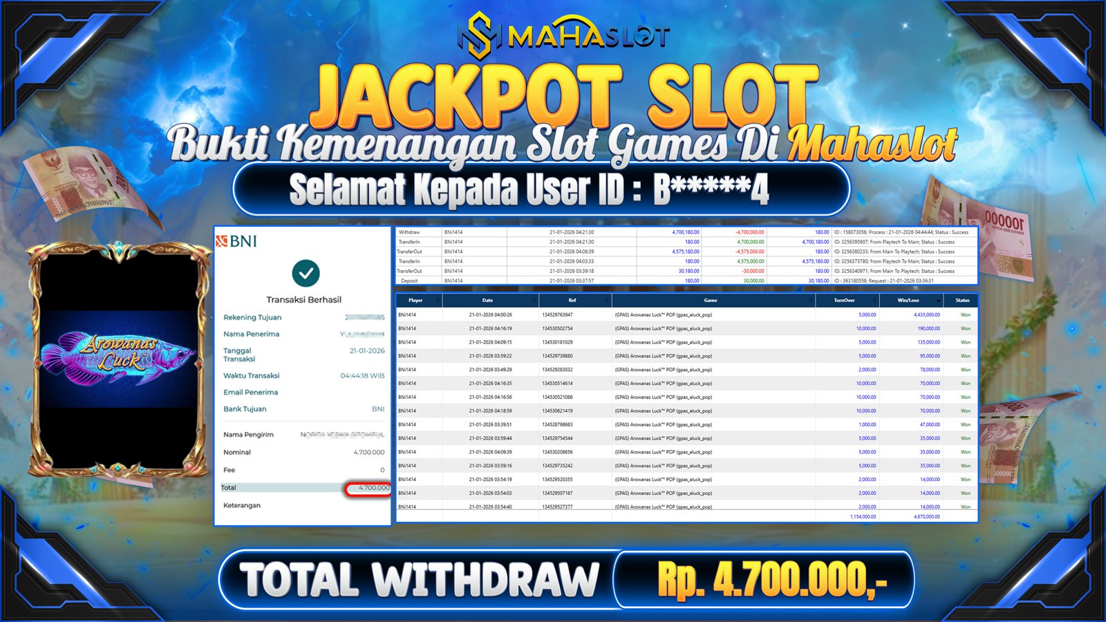 MAHASLOT JACKPOT SLOT AROWANAS LUCK Rp. 4.700.000,- LUNAS