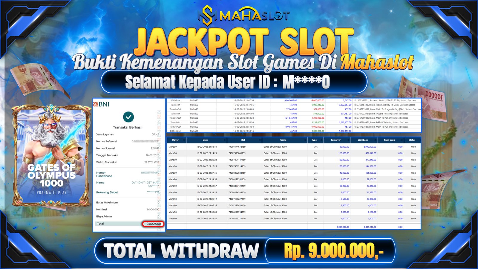 MAHASLOT JACKPOT SLOT GAME GATES OF OLYMPUS 1000 Rp. 9.000.000,- LUNAS