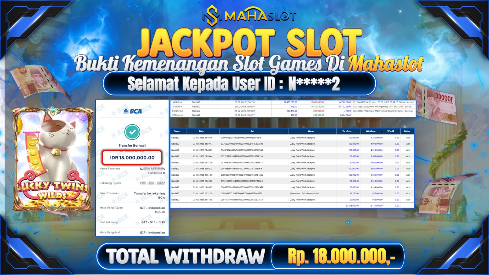 MAHASLOT JACKPOT SLOT GAME LUCKY TWINS WILDS Rp. Rp.18.000.000,- LUNAS