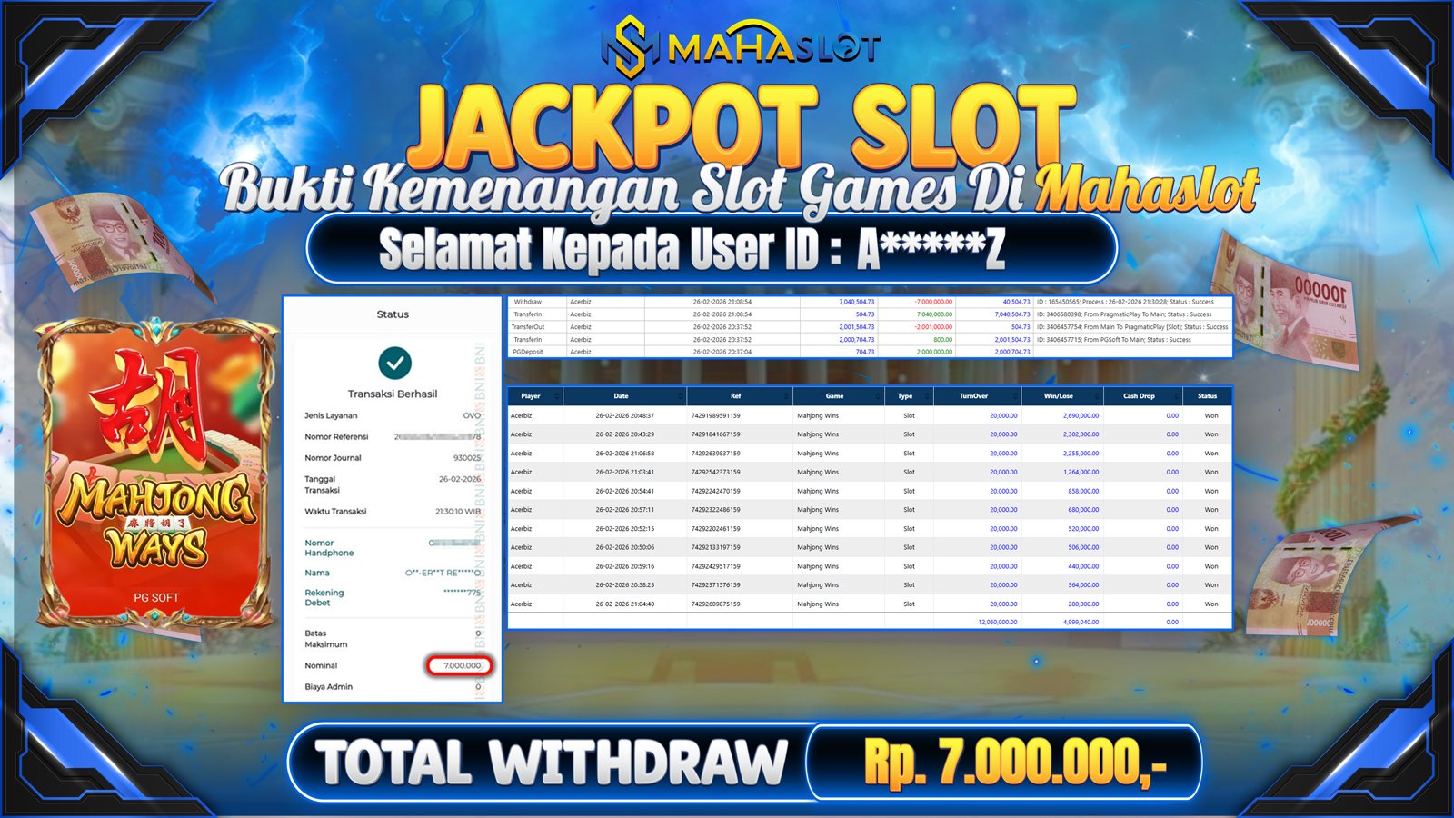 MAHASLOT JACKPOT SLOT GAME MAHJONG WAYS Rp. Rp.7.000.000,- LUNAS