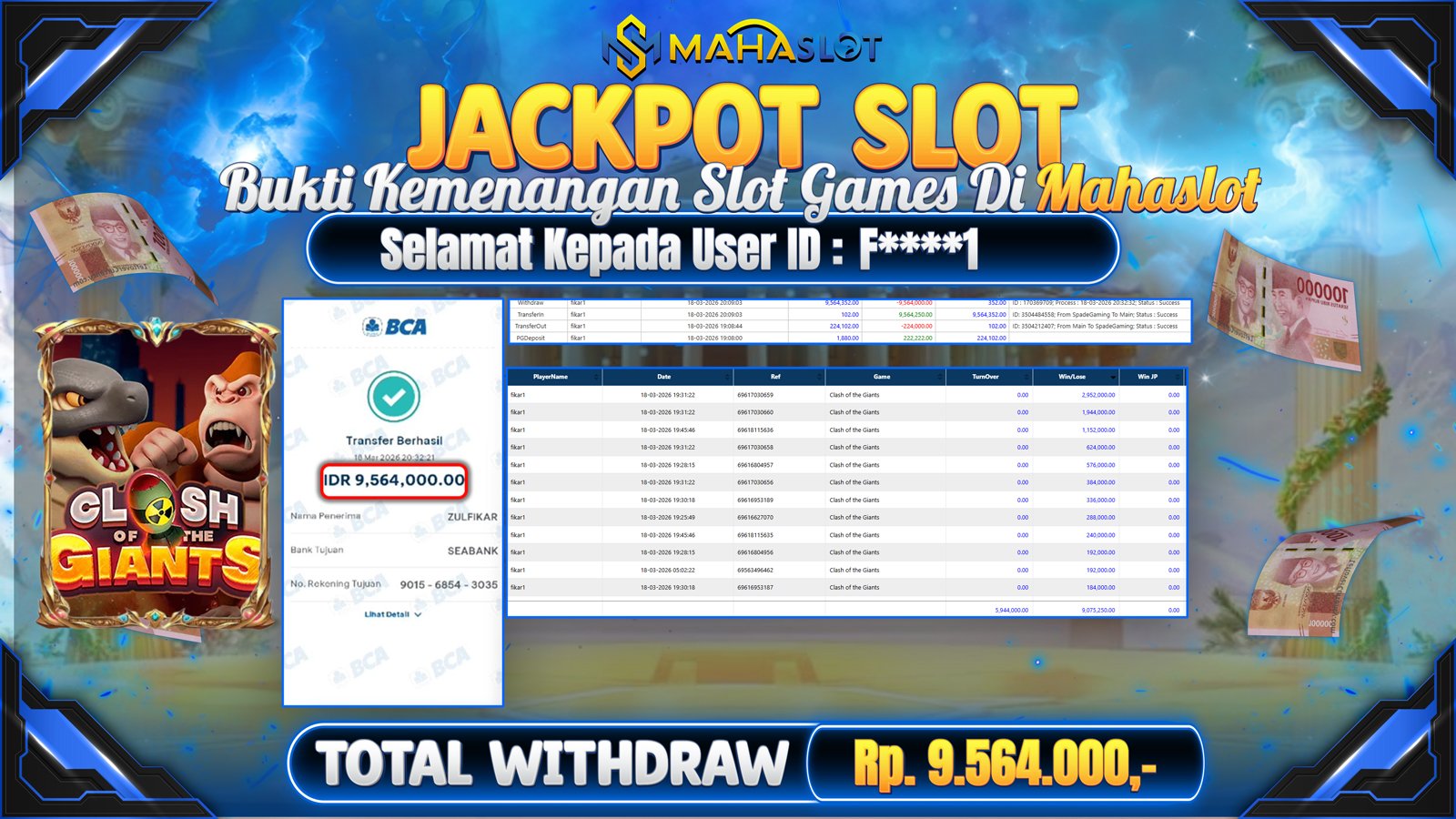 MAHASLOT JACKPOT SLOT GAME CLASH OF THcE GIANTS Rp. Rp.9.564.000,- LUNAS