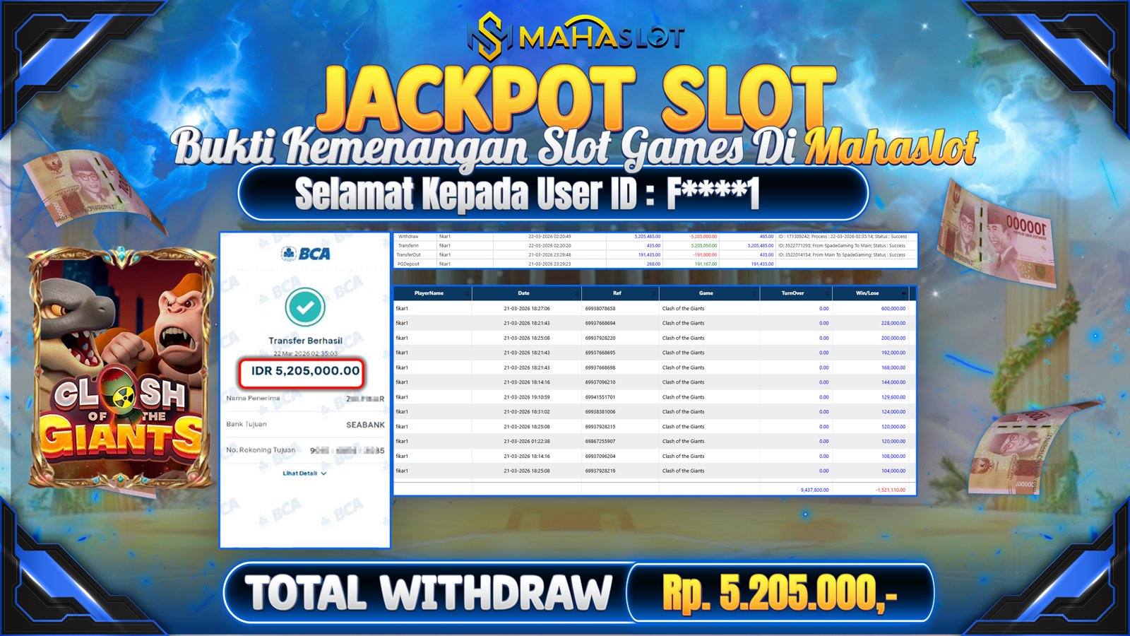 MAHASLOT JACKPOT SLOT GAME CLASH OF THE GIANTS Rp. Rp.5.205.000,- LUNAS