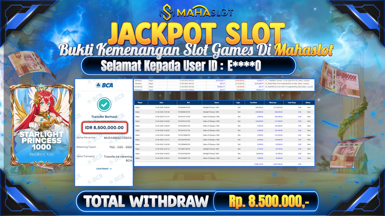 MAHASLOT JACKPOT SLOT GAME STARLIGHT PRINCESS 1000Rp. Rp.8.500.000,- LUNAS
