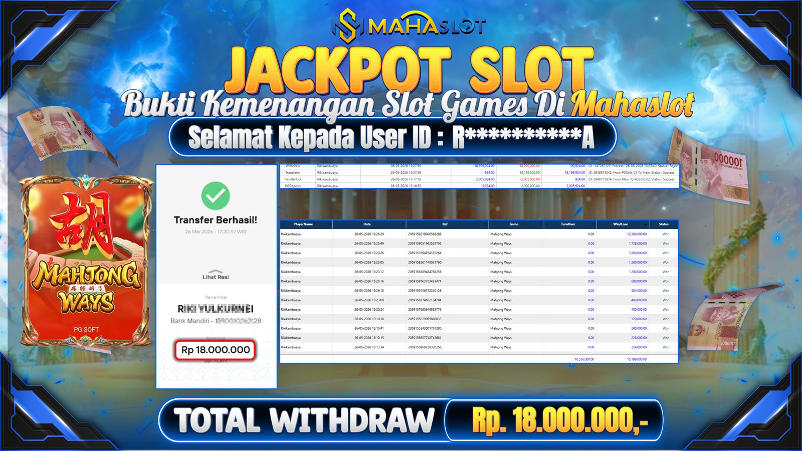 MAHASLOT JACKPOT SLOT GAME MAHJONG WAYS Rp. Rp.18.000.000,- LUNAS