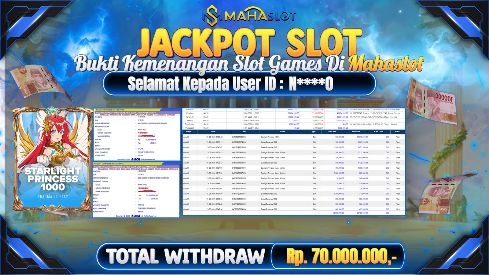 MAHASLOT JACKPOT SLOT GAME STARLIGHT PRINCESS 1000 Rp. Rp.70.000.000,- LUNAS